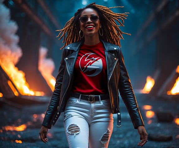 smiling girl wearing a red t-shirt and biker jacket